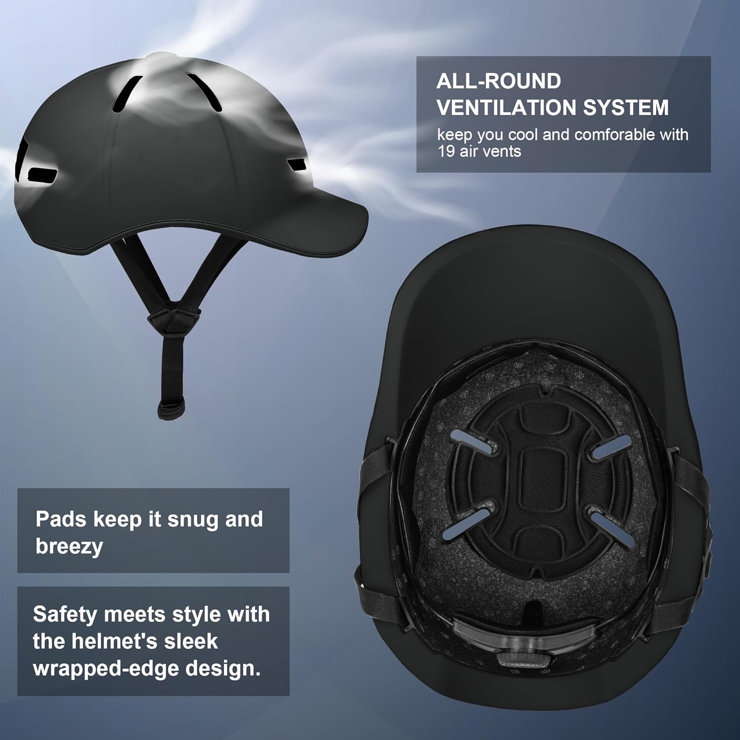 Bike Helmet Adult Men/Women-USB Rechargeable Rear Light CPSC/ASTM Certified 2 Removable Liners Adjustable Lightweight Baseball Cap Style for Youth Road&Mountain Biking Skating Scooter