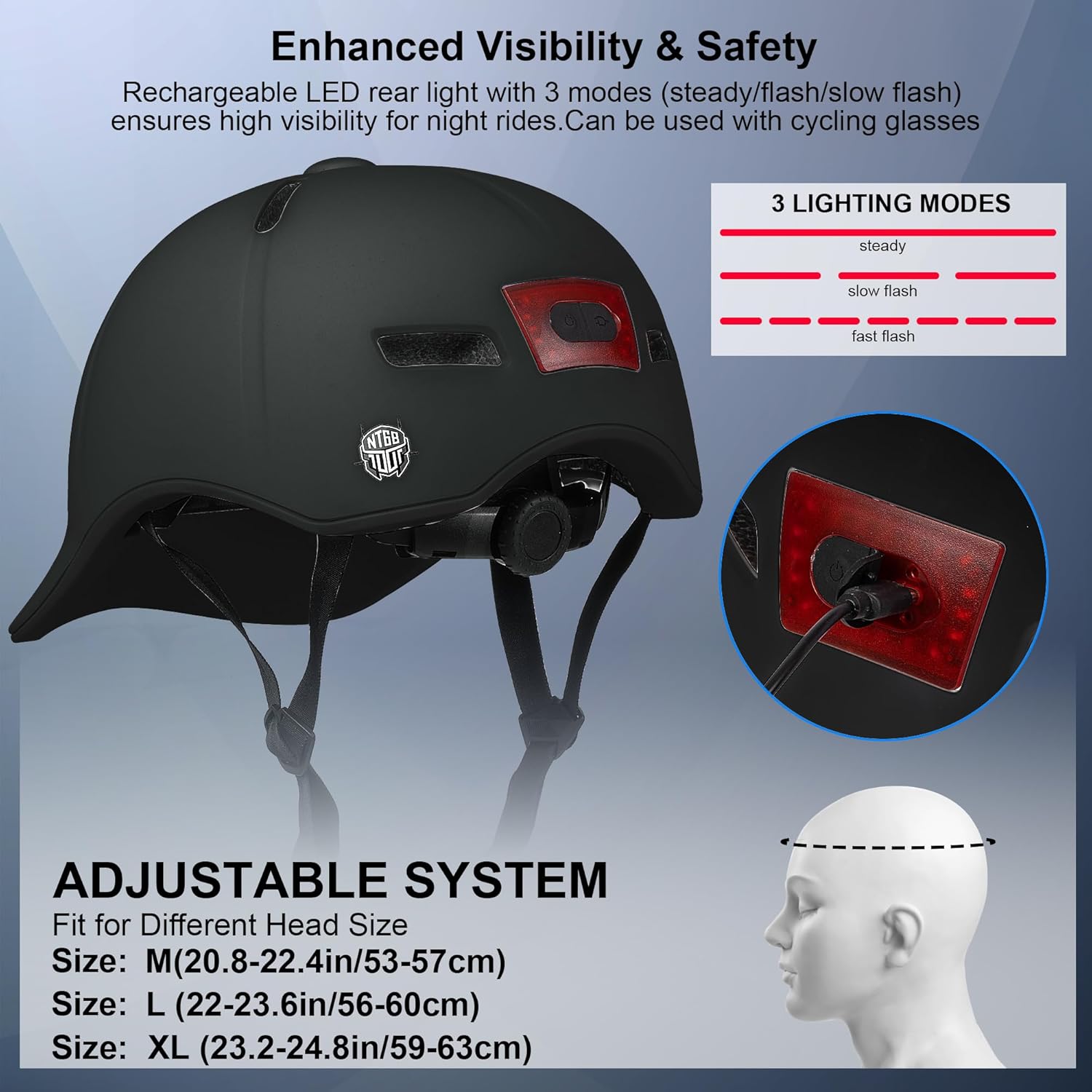 Bike Helmet Adult Men/Women-USB Rechargeable Rear Light CPSC/ASTM Certified 2 Removable Liners Adjustable Lightweight Baseball Cap Style for Youth Road&Mountain Biking Skating Scooter