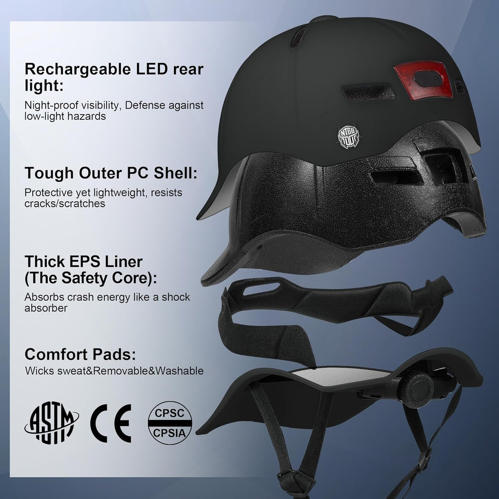 Bike Helmet Adult Men/Women-USB Rechargeable Rear Light CPSC/ASTM Certified 2 Removable Liners Adjustable Lightweight Baseball Cap Style for Youth Road&Mountain Biking Skating Scooter
